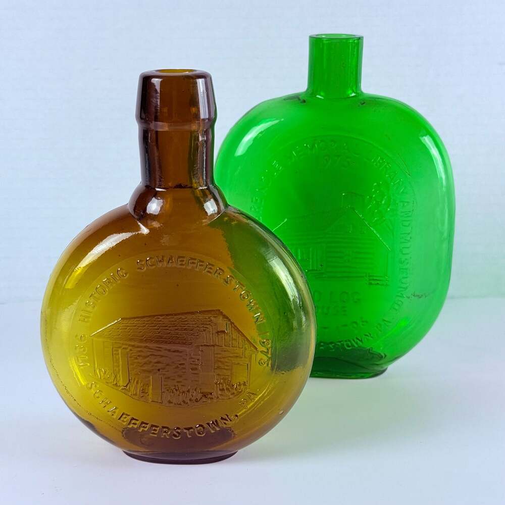 Vintage Clevenger Brothers Glass Flask Bottles Amber Green Schaefferstown PA
